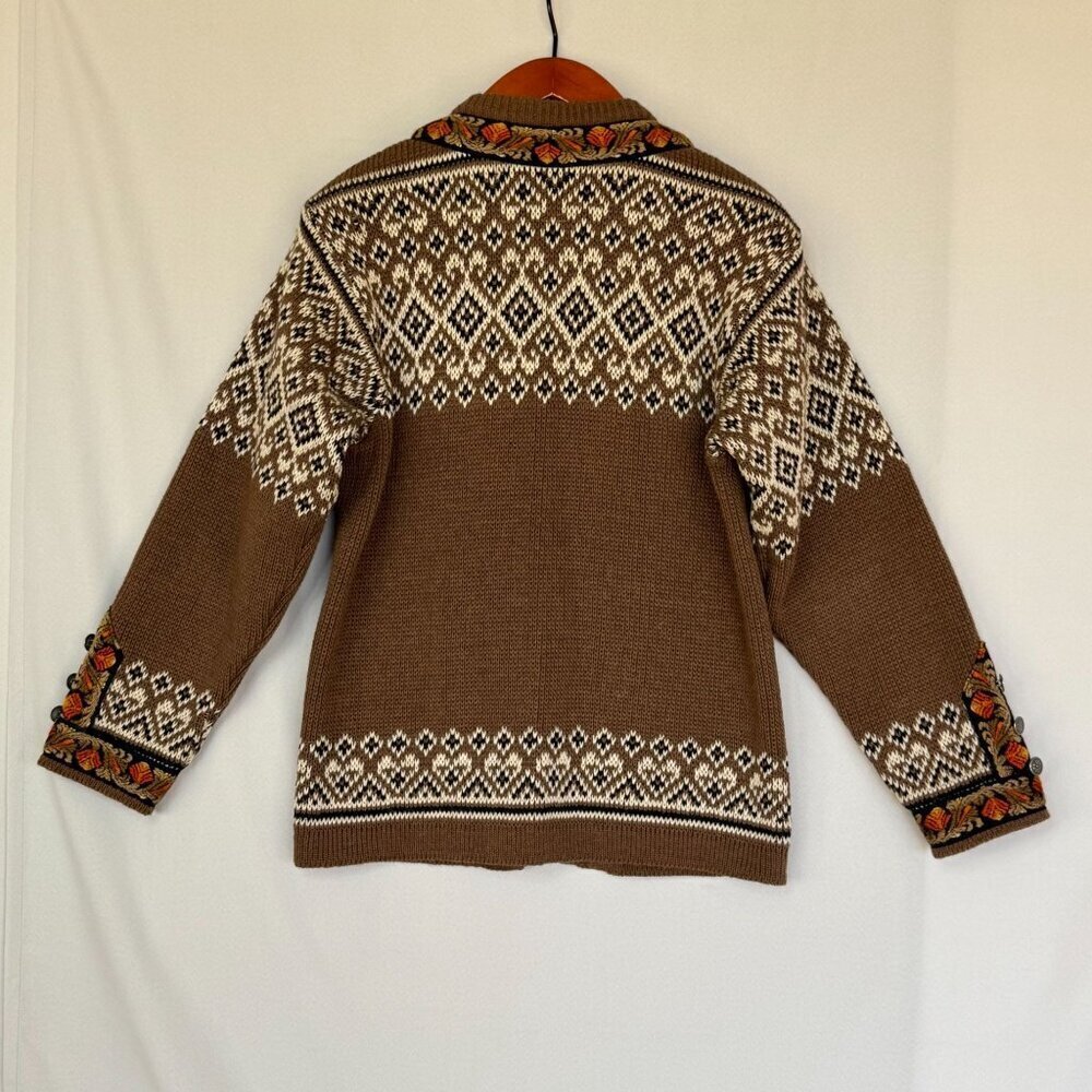 Women's Brown Fair Isle Cardigan Sweater with Embroidered Trim - Picture 9 of 16